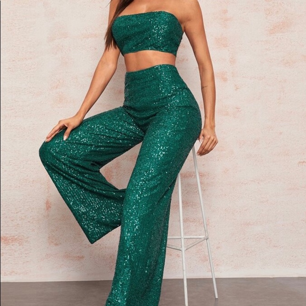 Zipper Back Sequin Crop Tube Top Palazzo Pants Set